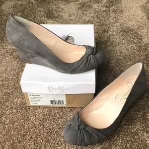Size 9.5 Jessica Simpson grey microsuede wedges